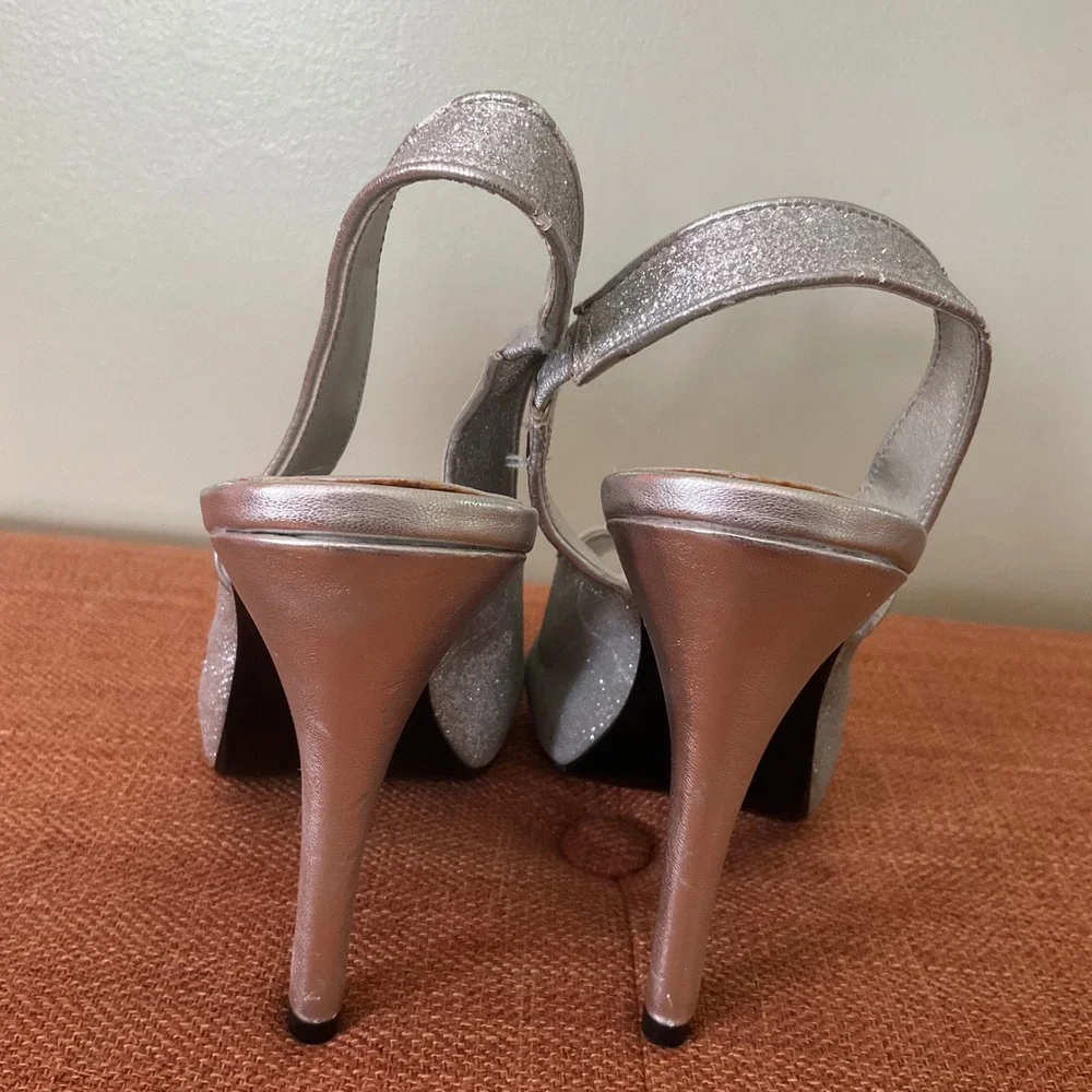 Lulu‎ Townsend Silver Glitter Peep Toe Slingback Platform Pumps Heels Stiletto 7